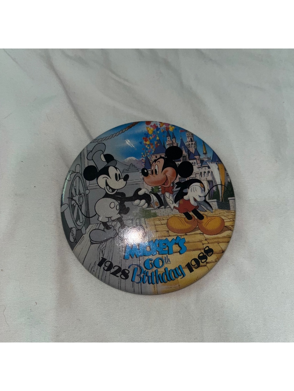 Vintage Disney Mickey's 60th Birthday Pinback Button 1928-1988 Disneyland 3"